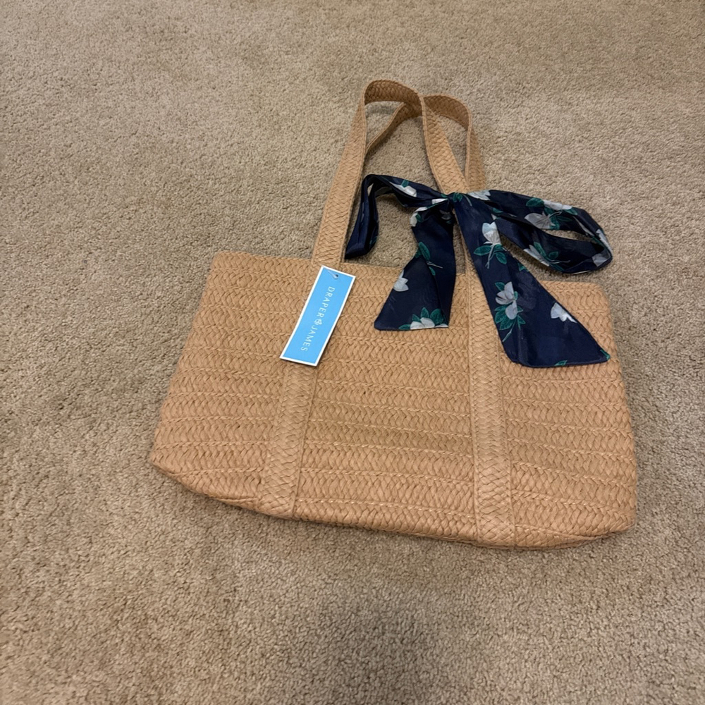 Women's Draper James One Size Beige Straw Tote Bag with Navy Blue Scarf